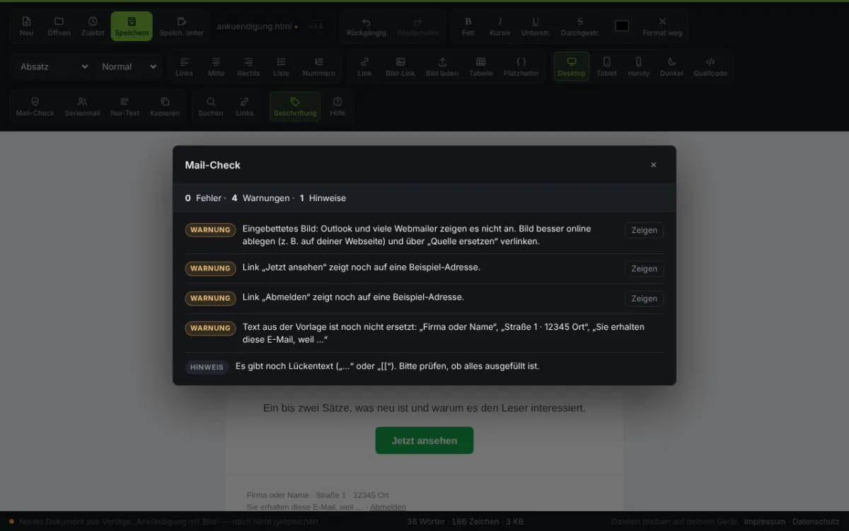 Mail prüfen und versenden – Screenshot