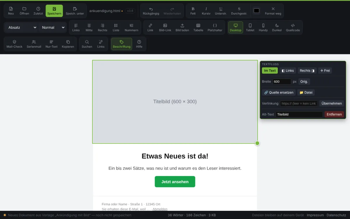 Text und Bilder bearbeiten – Screenshot