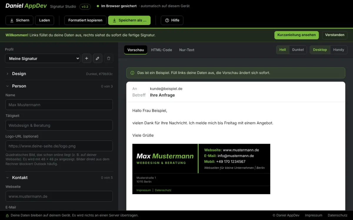 Erste Schritte – Screenshot