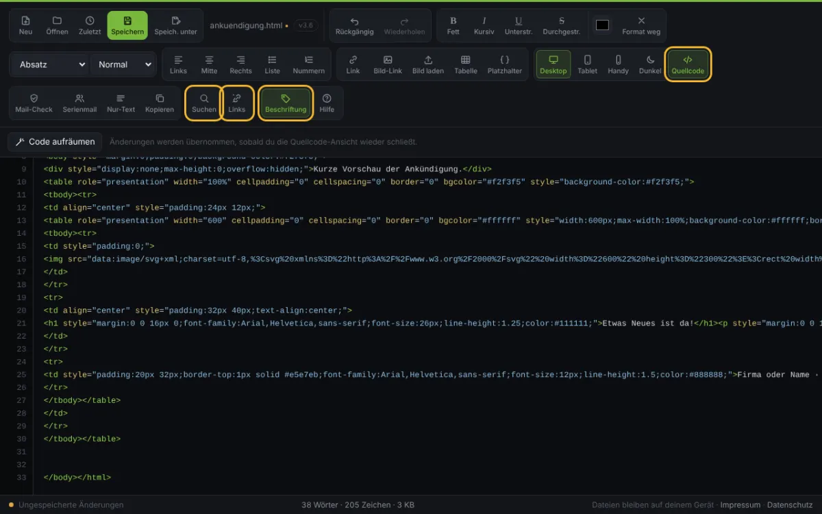 Suchen, Quellcode und Ansicht – Screenshot