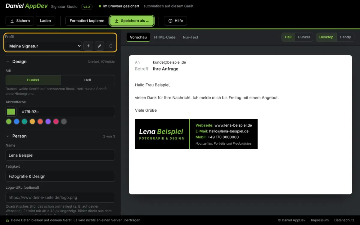Mehrere Signaturen mit Profilen – Screenshot