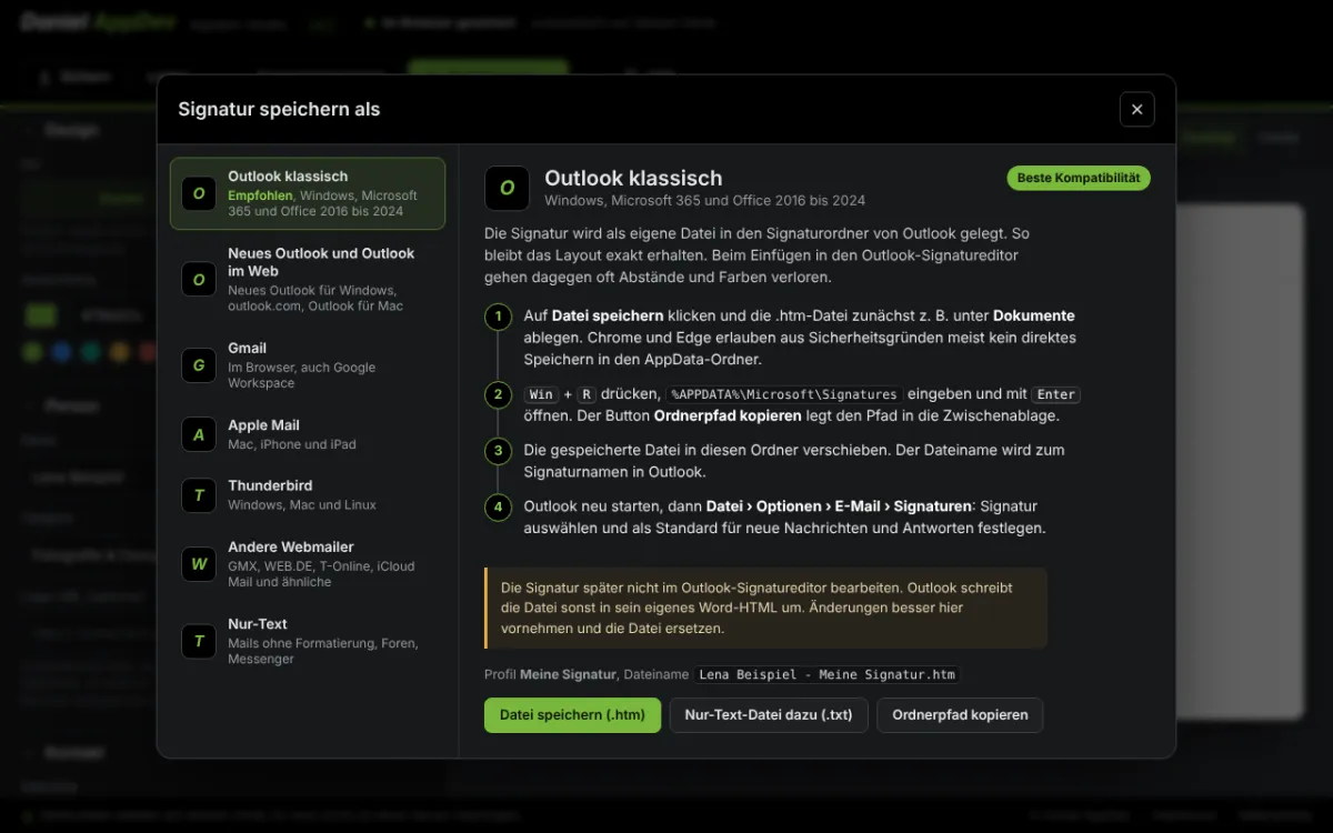 Signatur ins Mailprogramm bringen – Screenshot