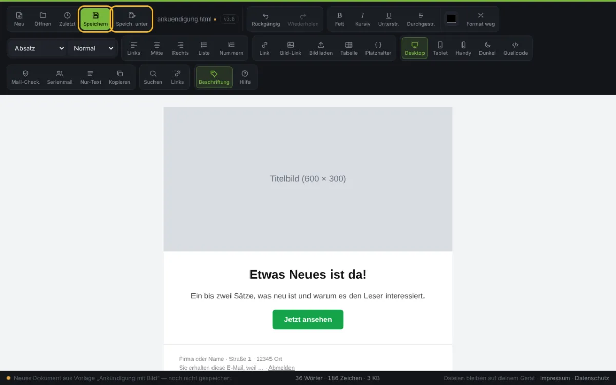 Speichern – Screenshot