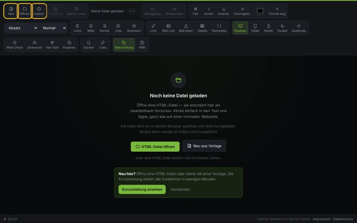Datei öffnen oder neu anlegen – Screenshot