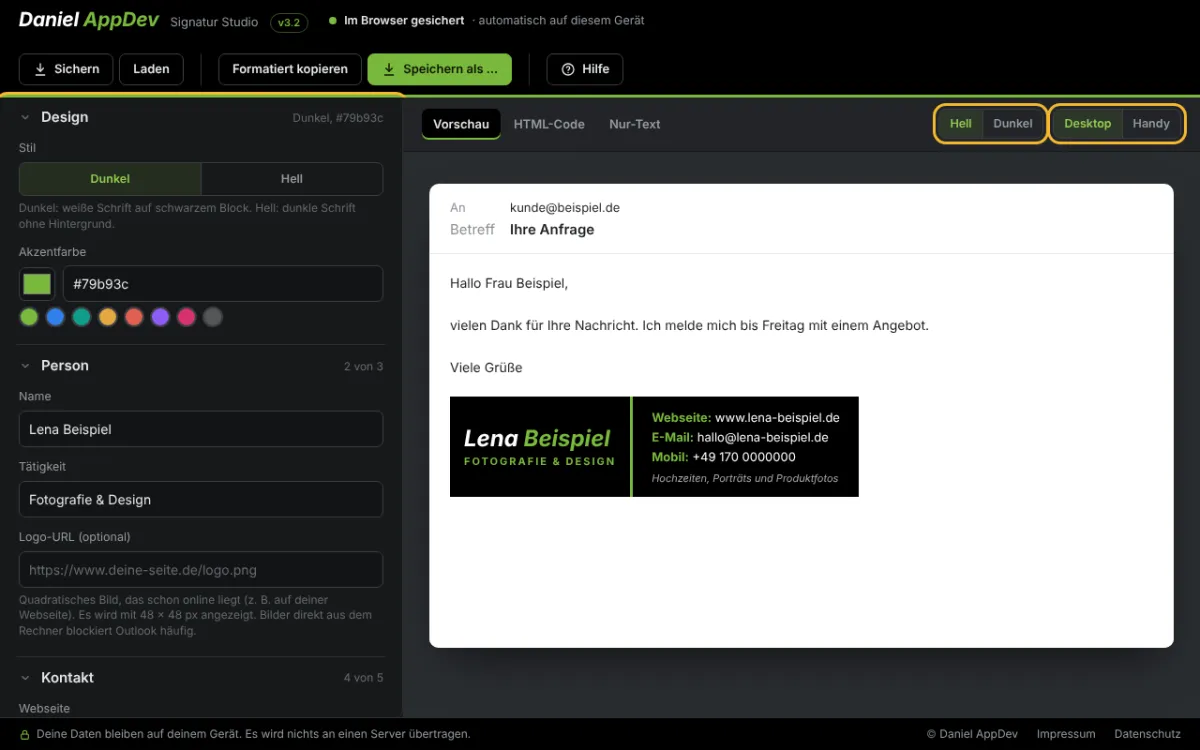 Daten und Design eintragen – Screenshot