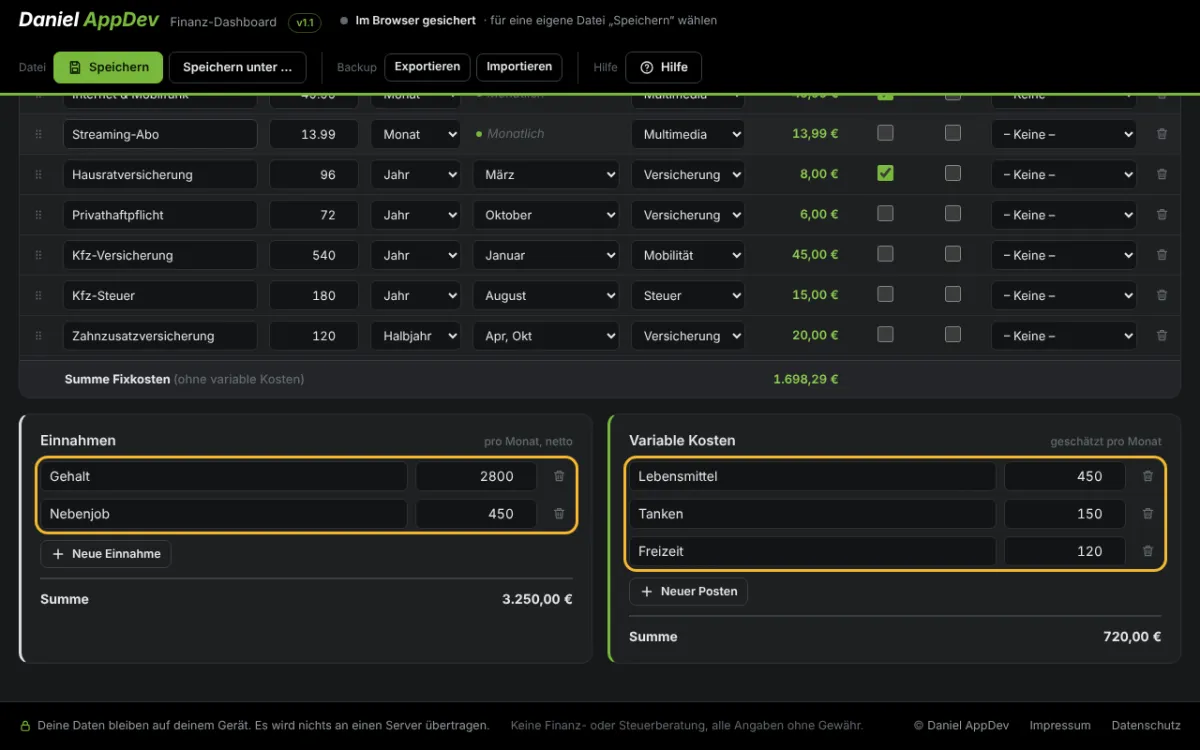 Einnahmen und variable Kosten – Screenshot